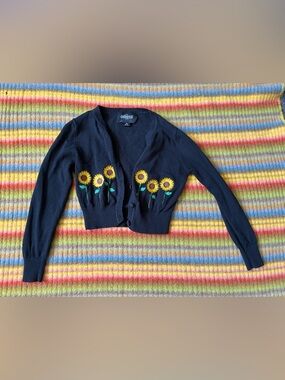 Collectif Navy Cropped Cardigan with Sunflower Embroidery